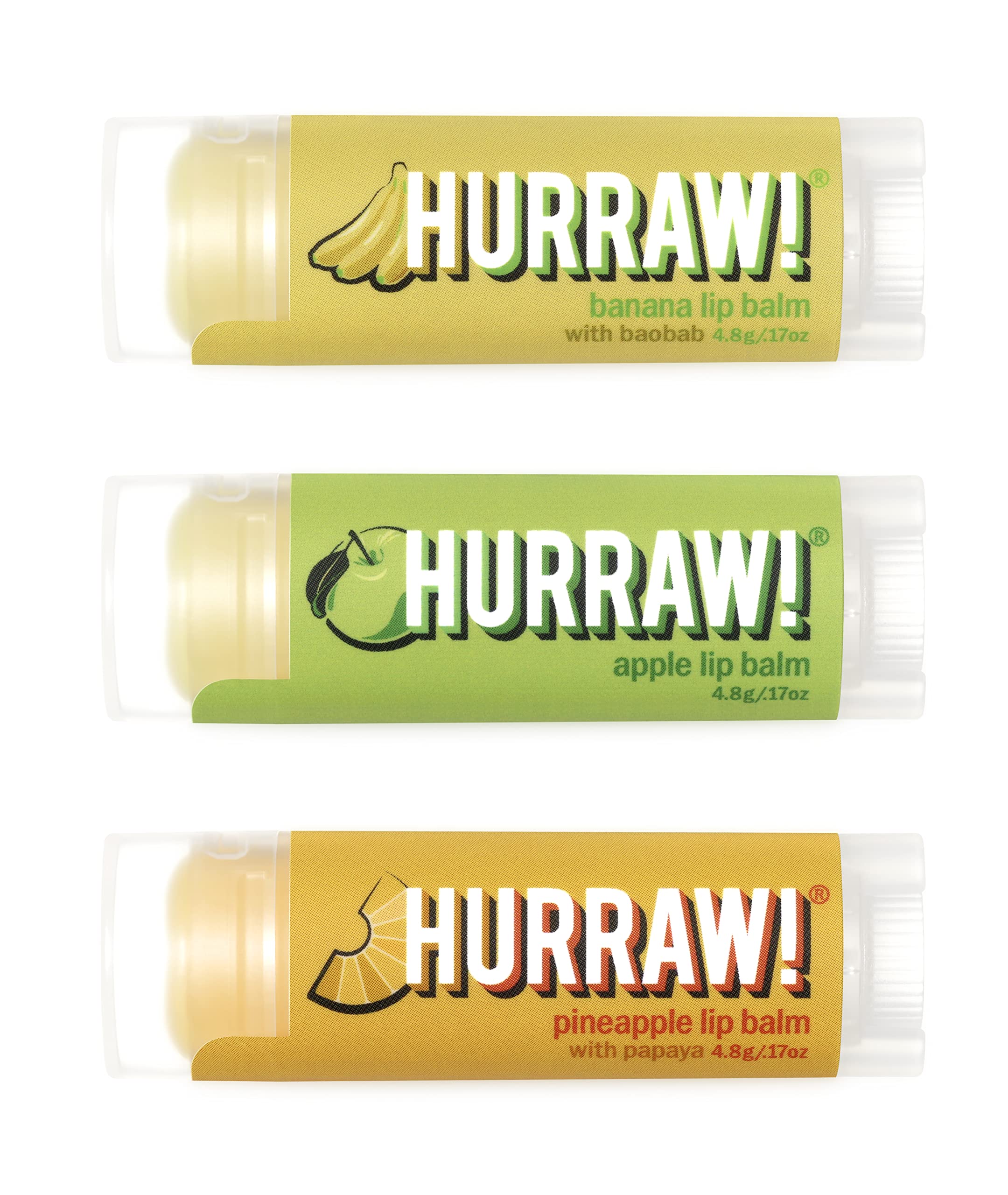 Hurraw! Banana, Apple, Pineapple Lip Balms, 3 Pack Bundle: Organic, Certified Vegan, Cruelty and Gluten Free. Non-GMO, 100% Natural. Bee, Shea, Soy & Palm Free. Made in USA